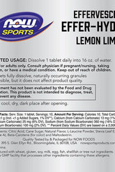 Now Foods Effer-Hydrate Effervescent Lemon Lime product label with usage instructions and nutritional information.